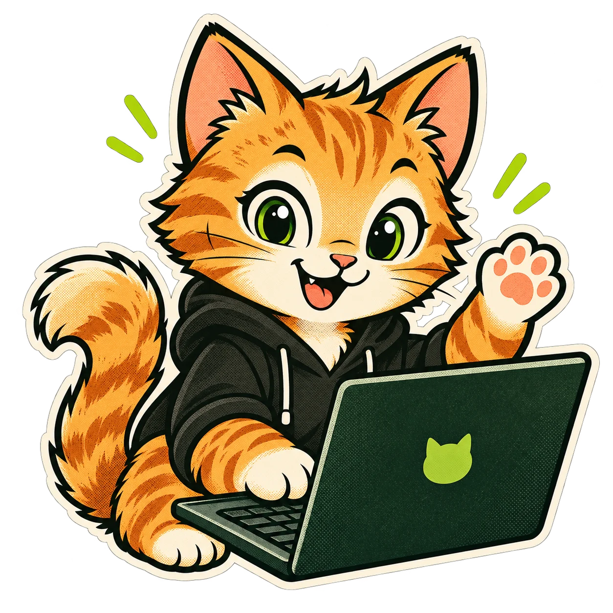 Gatito de 1byte con sudadera, saludando detrás de su portátil